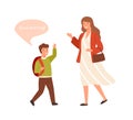 Smiling cartoon well mannered boy greeting adult woman vector flat illustration. Cartoon schooler guy waving hand to