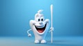 Smiling cartoonish tooth with clean teeth, holding toothbrush, on blue gradient background