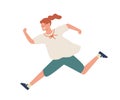 Smiling casual girl running fast vector flat illustration. Happy young teenage female hurry or haste isolated on white