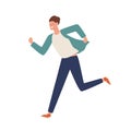 Smiling casual man running away vector flat illustration. Happy young guy hustle or hurry isolated on white background