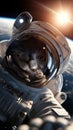 Smiling cat astronaut floating in space wearing spacesuit