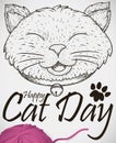 Smiling Cat Drawing and Wool Ball to Commemorate Cat Day, Vector Illustration Royalty Free Stock Photo