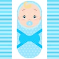 Smiling caucasian baby boy with pacifier isolated on white background. Vector cartoon mascot. Royalty Free Stock Photo