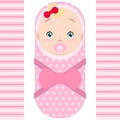 Smiling caucasian baby girl with pacifier on white background. Vector cartoon mascot. Holiday illustration to Birthday,