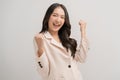 Smiling cheer up, attractive asian young woman, girl in beige suit formal dress, portrait elegant of pretty with long black hair, Royalty Free Stock Photo