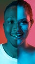 Two halves of young people faces, man and woman over colored backgrounds in neon lights. Vertical image, collage. Royalty Free Stock Photo