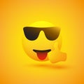 Smiling, Cheering, Waving Emoji with Stuck Out Tongue and Sunglasses Showing Thumbs Up on Yellow Background - Vector Design Royalty Free Stock Photo