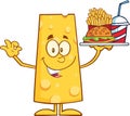 Smiling Cheese Cartoon Character Holding A Hamburger With Drink And French Fries