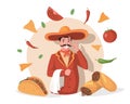 Smiling chef in big Mexican hat sombrero vector flat illustration. Tasty Mexican cuisine, tacos, burritos, nachos. Royalty Free Stock Photo