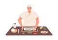 Smiling chef cooking sushi at kitchen table vector flat illustration. Professional kitchener making traditional Japanese