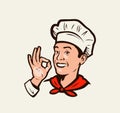 Smiling chef gesture of delicious. Menu, restaurant, food emblem. Vector illustration Royalty Free Stock Photo