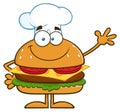 Smiling Chef Hamburger Cartoon Character Waving