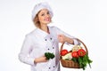 Smiling chef woman with basket vegetable. Professional cook with basket of fresh veggies. Organic food concept. Royalty Free Stock Photo