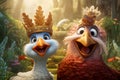 a smiling chicken queen wearing a big crown and her sister in a garden Pixar style