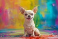 Smiling Chihuahua Dog Sitting on Colorful Paint Splattered Background, Happy Pet Portrait with Vivid Colors Royalty Free Stock Photo