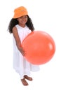 Smiling Child In Beach Hat And Dress With Orange Ball