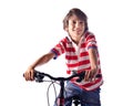 Smiling child on bicycle white background