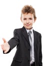 Smiling child boy in business suit gesturing hand greeting or meeting handshake Royalty Free Stock Photo