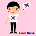 Smiling child, boy, holding a South Korea flag isolated on white background. Vector cartoon mascot. Holiday illustration to the Royalty Free Stock Photo