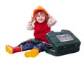 Smiling child in builder hardhat with tools Royalty Free Stock Photo