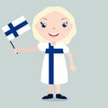 Smiling child, girl, holding a Finland flag isolated on white background. Vector cartoon mascot. Holiday illustration to the Day