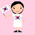 Smiling child, girl, holding a South Korea flag isolated on white background. Vector cartoon mascot. Holiday illustration to the Royalty Free Stock Photo