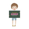 Smiling child holding first day of kindergarten poster