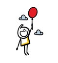 Smiling child holding the red baloon and flies into the sky between clowds.