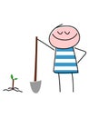 Smiling Child Planting Tree With Shovel