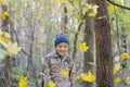 Smiling child playing with fallen autumn leaves. Boy holding bunch of maple leaves in the forest Royalty Free Stock Photo