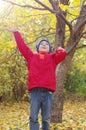 Smiling child playing with fallen autumn leaves. Boy holding bunch of maple leaves in the forest Royalty Free Stock Photo