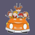 Smiling children driving orange car, happy kids, vector image, card Royalty Free Stock Photo