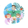 Smiling children stand next to a pediatric dentist. illustration for pediatric dentistry