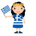 Smiling chilld, girl, holding a Greece flag .