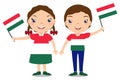 Smiling chilldren, boy and girl, holding a Hungary flag isolated on white background. Vector cartoon mascot. Holiday illustration