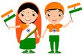 Smiling chilldren, boy and girl, holding a India flag isolated on white background. Vector cartoon mascot. Holiday illustration to