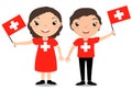 Smiling chilldren, boy and girl, holding a Switzerland flag isolated on white background. Vector cartoon mascot. Holiday