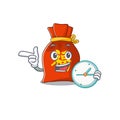 Smiling chinese money bag Scroll cartoon character style with clock Royalty Free Stock Photo