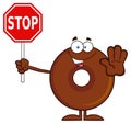 Smiling Chocolate Donut Cartoon Character Holding A Stop Sign Royalty Free Stock Photo