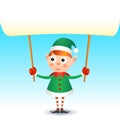 Smiling christmas elf holding blank page Royalty Free Stock Photo