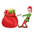 Smiling christmas elf holding gift bag Royalty Free Stock Photo