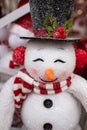 Smiling Christmas snowman. Happy snowman wearing black hat and scarf. Christmas and New year concept Royalty Free Stock Photo