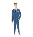 Smiling civilian aircraft pilot, aircrew captain, aviator or airman dressed in uniform. Cheerful male cartoon character Royalty Free Stock Photo