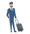 Smiling civilian aircraft pilot, aircrew captain, aviator or airman dressed in uniform with suitcase. Cheerful male Royalty Free Stock Photo