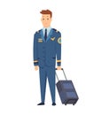 Smiling civilian aircraft pilot, aircrew captain, aviator or airman dressed in uniform with suitcase. Cheerful male Royalty Free Stock Photo