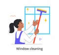 Smiling cleaning staff member is wiping the window with brush and spray on white background