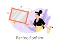 Smiling cleaning woman polished mirror flat style, vector illustration