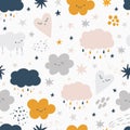 Smiling clouds vector pattern. Cute sky seamless background. Hand drawn illustration for babies, kids Royalty Free Stock Photo