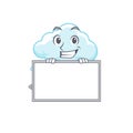 Smiling cloudy rainy cartoon design style has a board