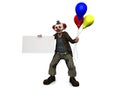 Smiling clown with balloons holding blank sign. Royalty Free Stock Photo